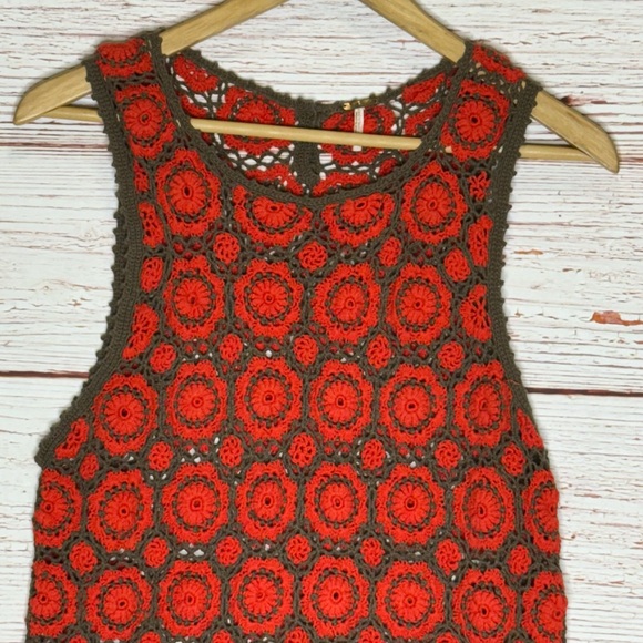 Free People Delilah Crochet Mini Shift Dress in Orange and Brown Sz S - Picture 7 of 13
